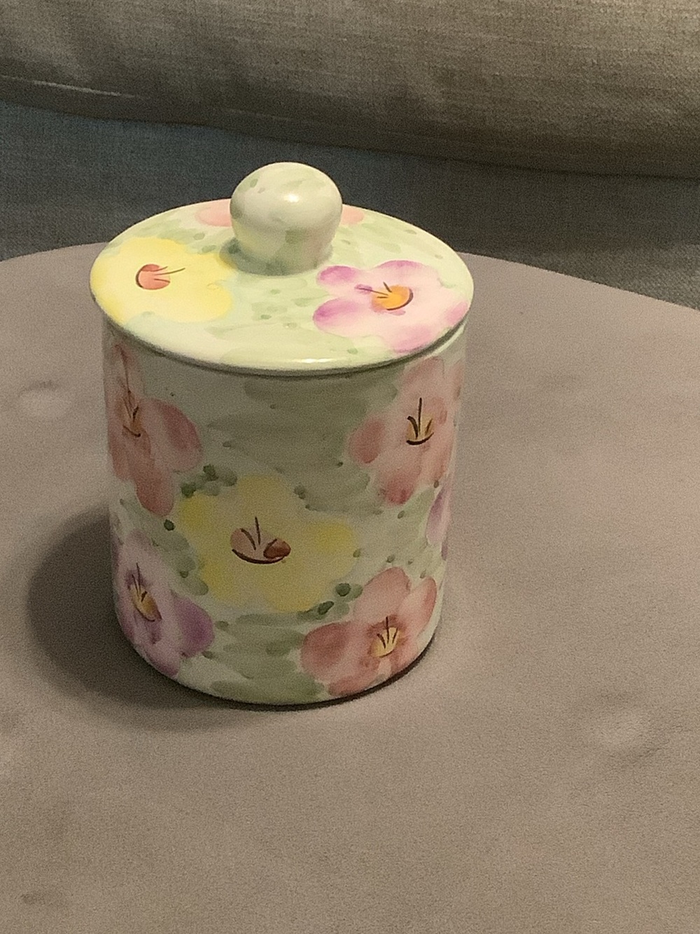 Hand-Painted Floral Ceramic Jar in Pastel Pink, Yellow & Green
